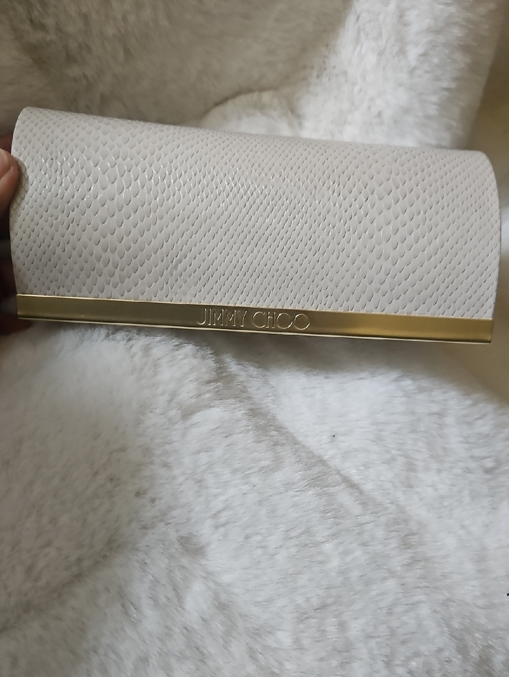 Jimmy Choo Ivory Textured Clutch with Gold Bar